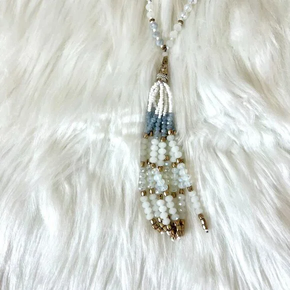 White, Gold, and Blue Tassel Necklace - Picture 2 of 3